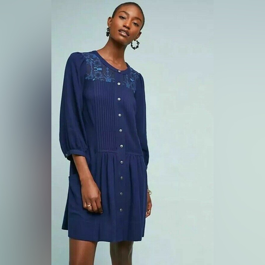 Anthropologie Dubois Embroidered Tunic Dress Size 8 Navy Blue Pleated Navy Blue